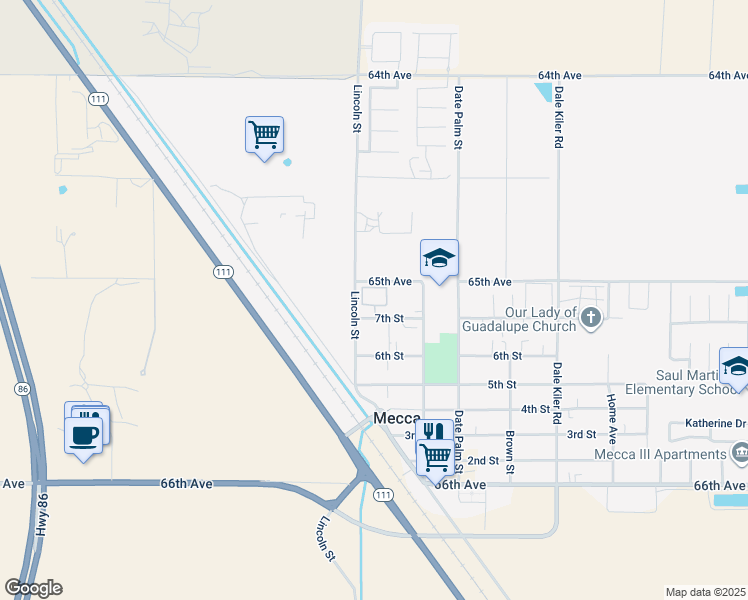 map of restaurants, bars, coffee shops, grocery stores, and more near 91020 7th Street in Mecca
