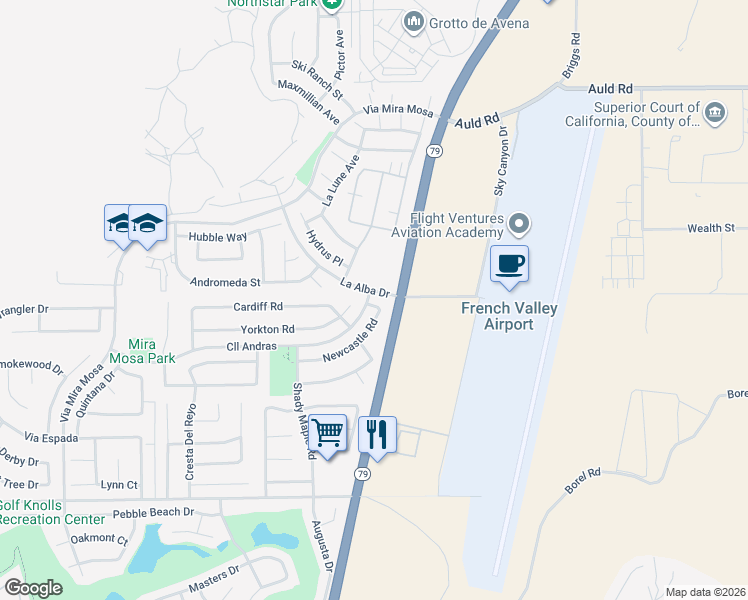 map of restaurants, bars, coffee shops, grocery stores, and more near 29998 Yorkton Road in Murrieta