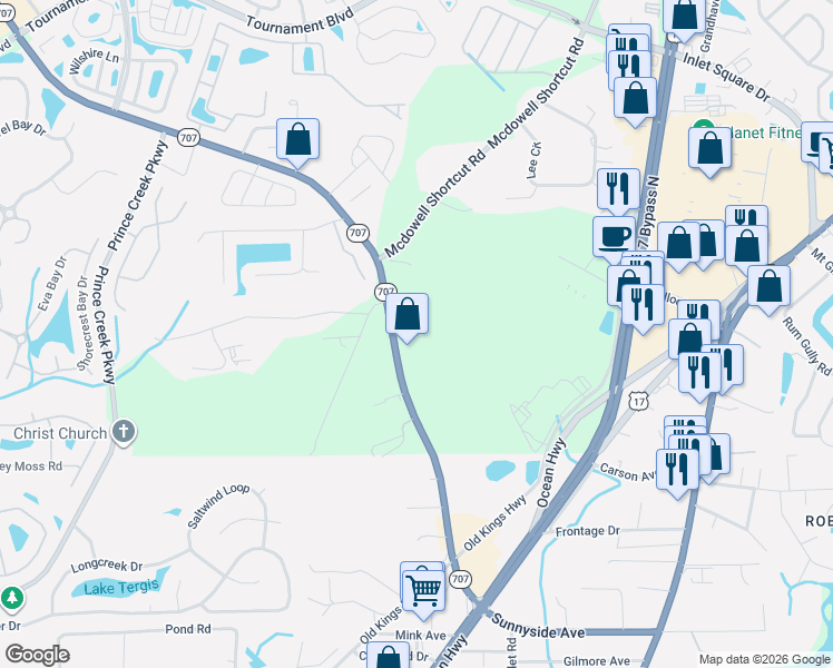 map of restaurants, bars, coffee shops, grocery stores, and more near 12389 South Carolina 707 in Murrells Inlet