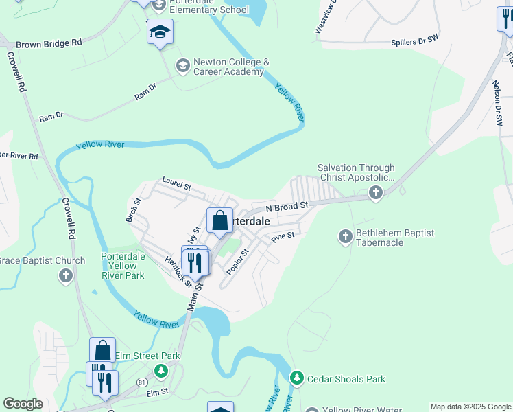 map of restaurants, bars, coffee shops, grocery stores, and more near 39 North Broad Street in Porterdale