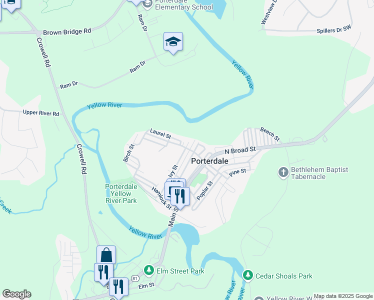 map of restaurants, bars, coffee shops, grocery stores, and more near 50 Ivy Street in Porterdale