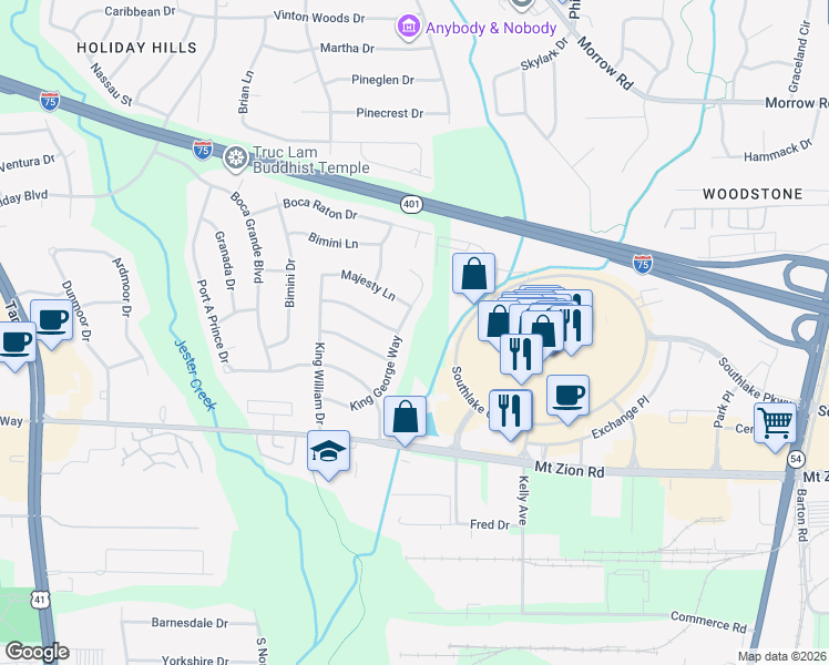 map of restaurants, bars, coffee shops, grocery stores, and more near 6540 King George Way in Morrow
