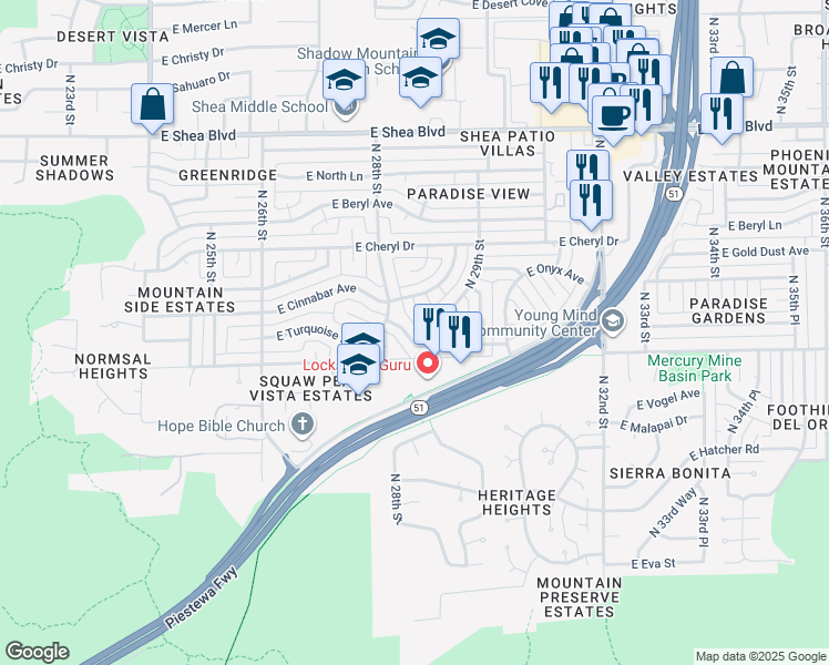 map of restaurants, bars, coffee shops, grocery stores, and more near 2826 East Turquoise Avenue in Phoenix