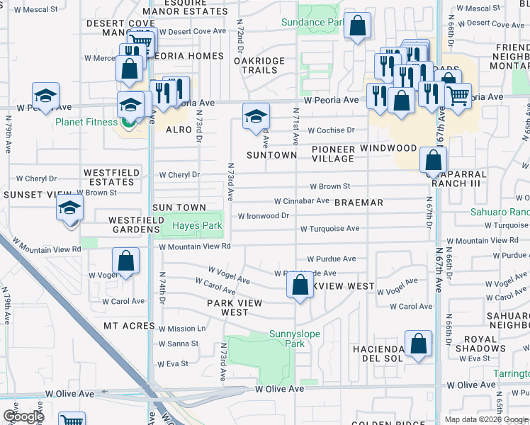 map of restaurants, bars, coffee shops, grocery stores, and more near 7202 West Ironwood Drive in Peoria