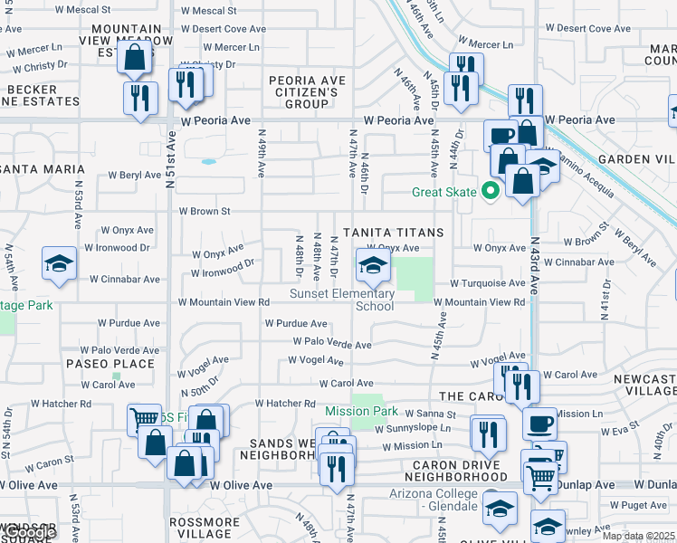 map of restaurants, bars, coffee shops, grocery stores, and more near 9833 North 47th Drive in Glendale