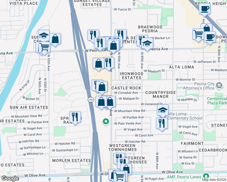 map of restaurants, bars, coffee shops, grocery stores, and more near 10101 North 91st Avenue in Peoria