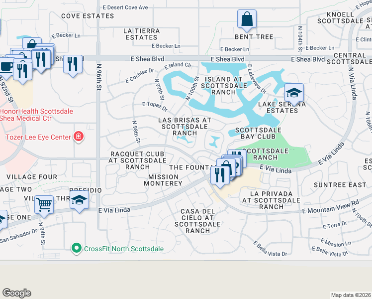 map of restaurants, bars, coffee shops, grocery stores, and more near 9813 North 100th Place in Scottsdale