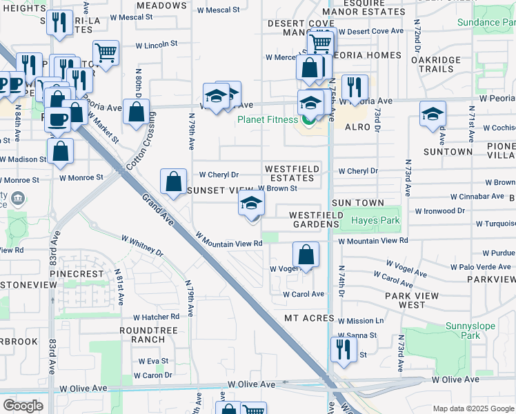 map of restaurants, bars, coffee shops, grocery stores, and more near 7725 West Cinnabar Avenue in Peoria