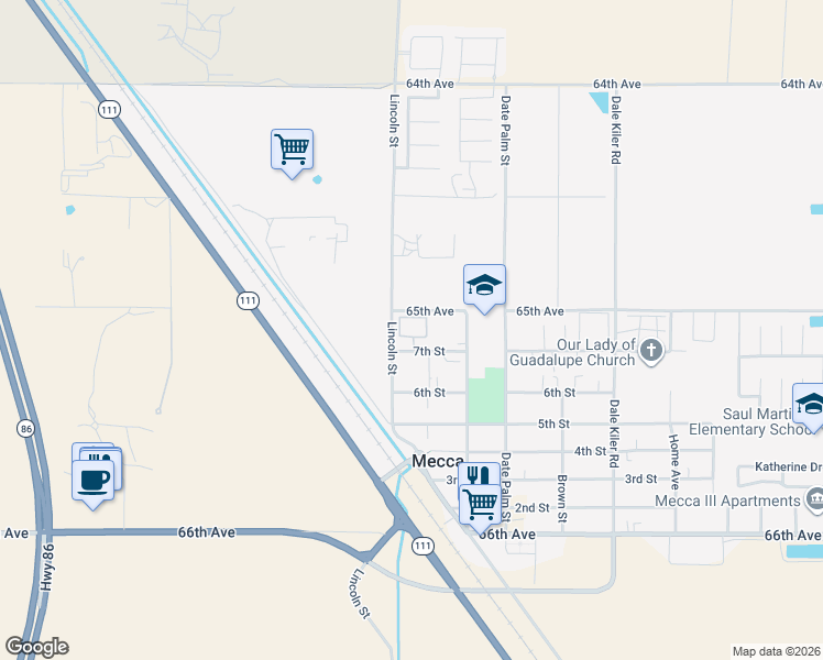 map of restaurants, bars, coffee shops, grocery stores, and more near 91050 7th Street in Mecca