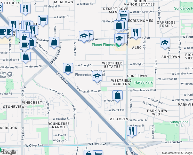 map of restaurants, bars, coffee shops, grocery stores, and more near 7725 West Cinnabar Avenue in Peoria