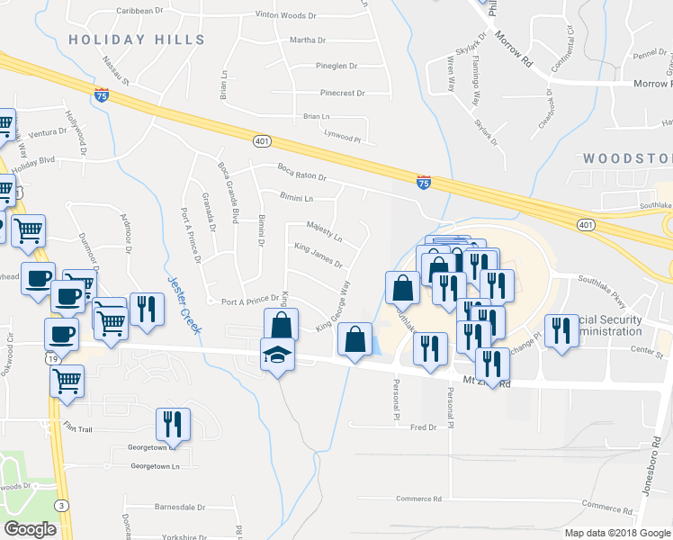 map of restaurants, bars, coffee shops, grocery stores, and more near 985 King James Drive in Morrow