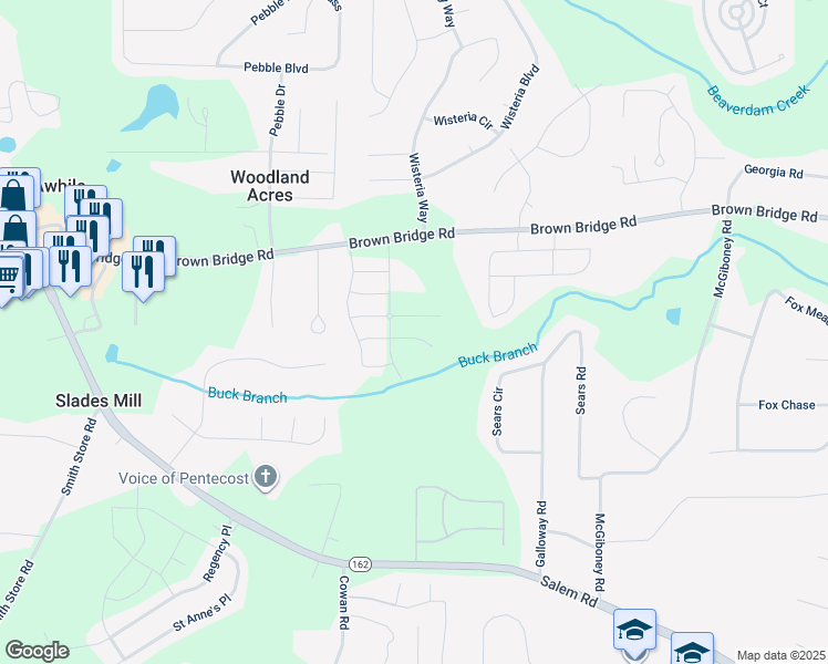 map of restaurants, bars, coffee shops, grocery stores, and more near 105 Bonito Trail in Covington