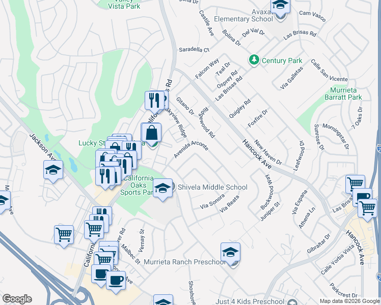 map of restaurants, bars, coffee shops, grocery stores, and more near 24492 Vía Primero in Murrieta