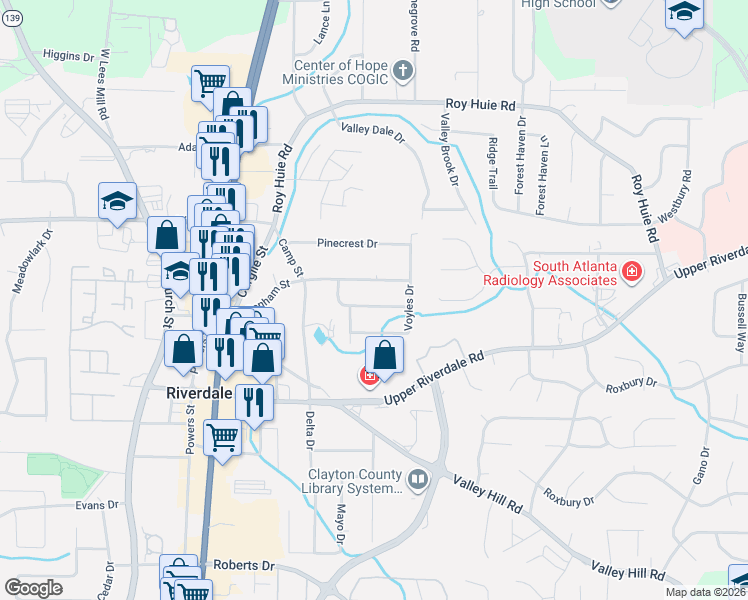 map of restaurants, bars, coffee shops, grocery stores, and more near 493 Ridgecrest Drive in Riverdale