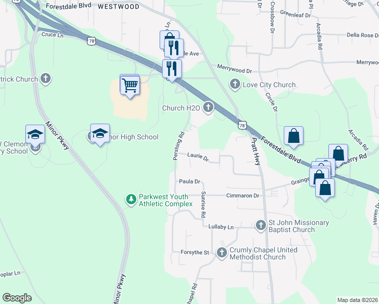 map of restaurants, bars, coffee shops, grocery stores, and more near 444 Laurie Drive in Birmingham