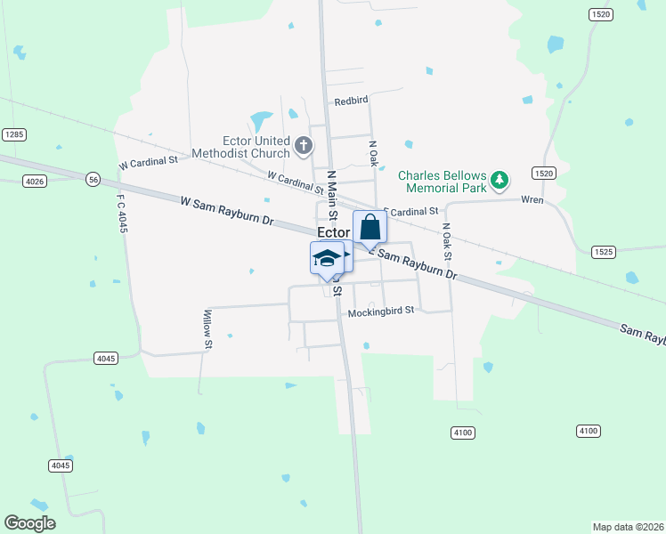 map of restaurants, bars, coffee shops, grocery stores, and more near 202 South Main Street in Ector