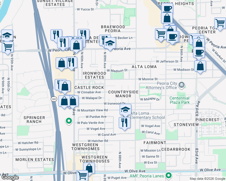 map of restaurants, bars, coffee shops, grocery stores, and more near 8820 West Cinnabar Avenue in Peoria