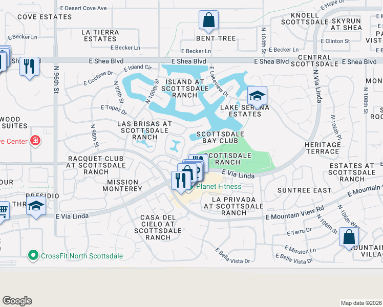 map of restaurants, bars, coffee shops, grocery stores, and more near 10080 East Mountainview Lake Drive in Scottsdale