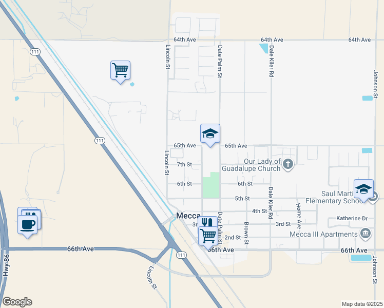 map of restaurants, bars, coffee shops, grocery stores, and more near 91020 7th Street in Mecca