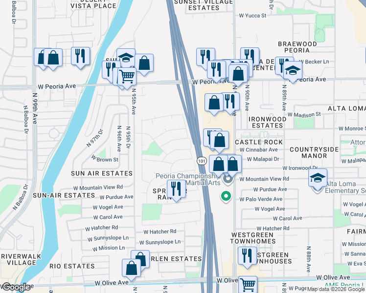 map of restaurants, bars, coffee shops, grocery stores, and more near 9250 West Brown Street in Peoria