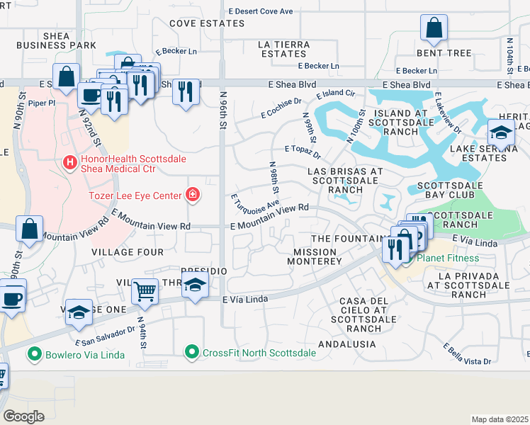 map of restaurants, bars, coffee shops, grocery stores, and more near 9755 East Turquoise Avenue in Scottsdale