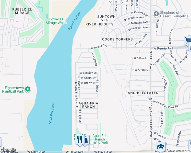 map of restaurants, bars, coffee shops, grocery stores, and more near 11542 West Cheryl Drive in Youngtown