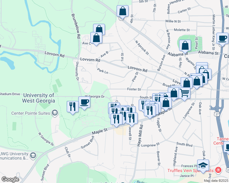 map of restaurants, bars, coffee shops, grocery stores, and more near 328 Foster St in Carrollton