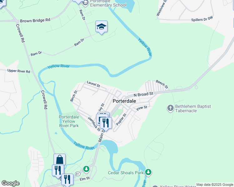 map of restaurants, bars, coffee shops, grocery stores, and more near 34 Hazel Street in Porterdale
