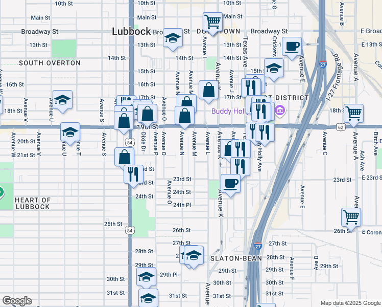 map of restaurants, bars, coffee shops, grocery stores, and more near 2010 Avenue M in Lubbock