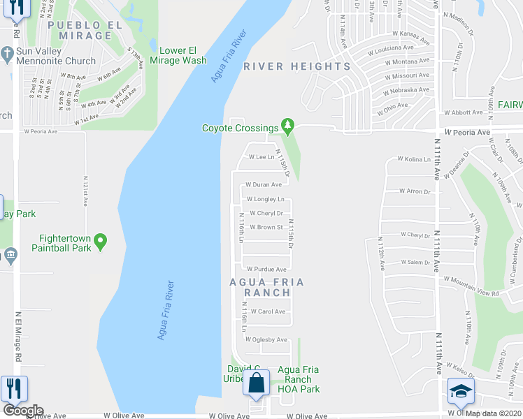 map of restaurants, bars, coffee shops, grocery stores, and more near 11602 West Cheryl Drive in Youngtown
