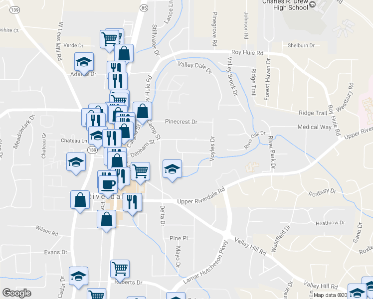 map of restaurants, bars, coffee shops, grocery stores, and more near 493 Ridgecrest Dr in Riverdale