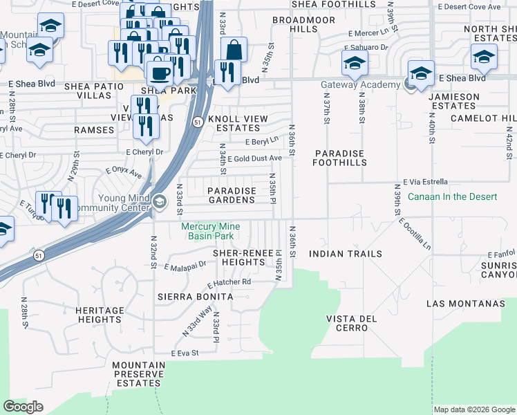 map of restaurants, bars, coffee shops, grocery stores, and more near 3517 East Turquoise Avenue in Phoenix
