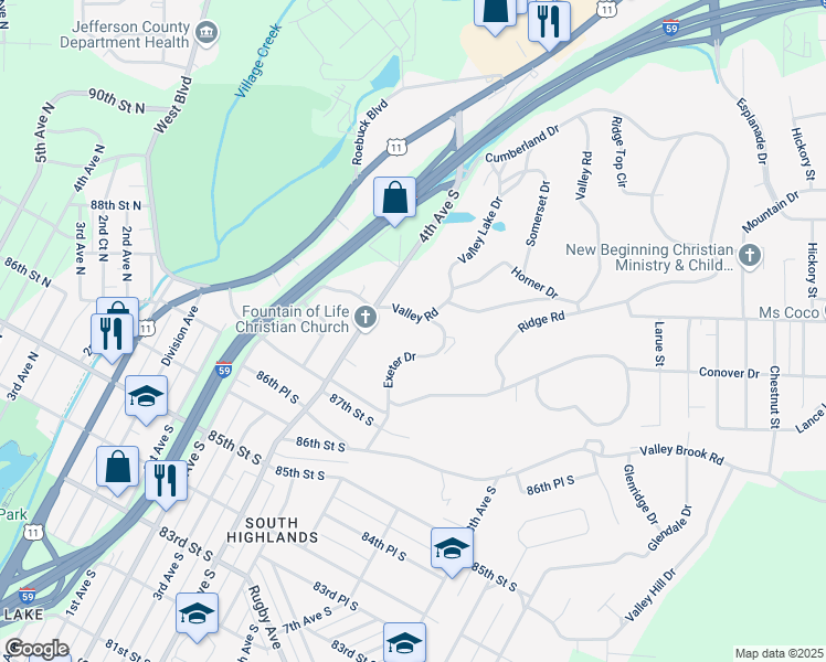 map of restaurants, bars, coffee shops, grocery stores, and more near 412 Valley Road in Birmingham