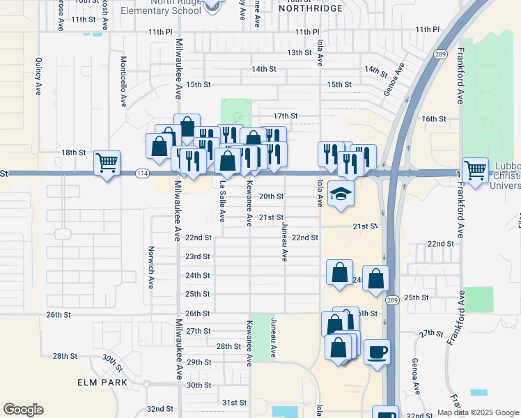 map of restaurants, bars, coffee shops, grocery stores, and more near 6218 21st Street in Lubbock