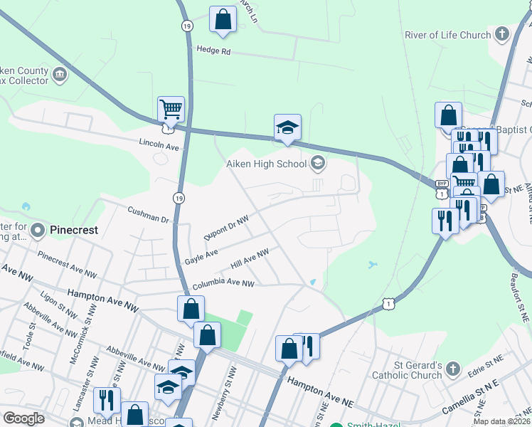 map of restaurants, bars, coffee shops, grocery stores, and more near 179 Dupont Drive Northwest in Aiken