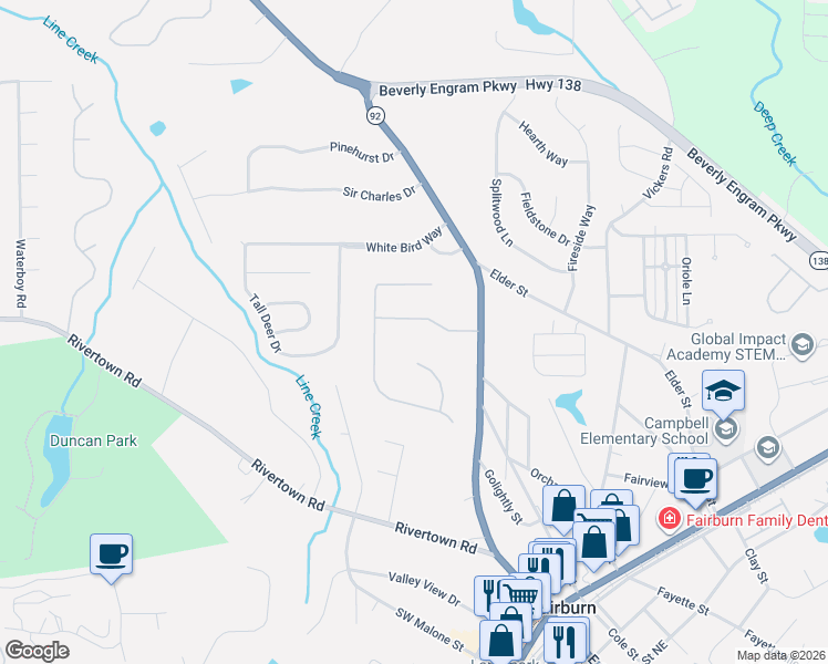 map of restaurants, bars, coffee shops, grocery stores, and more near 1065 Winding Brook Way in Fairburn