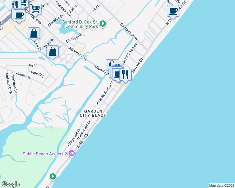map of restaurants, bars, coffee shops, grocery stores, and more near 204 South Waccamaw Drive in Murrells Inlet