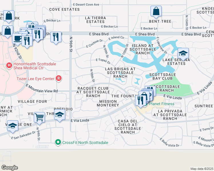 map of restaurants, bars, coffee shops, grocery stores, and more near 9998 East Purdue Avenue in Scottsdale