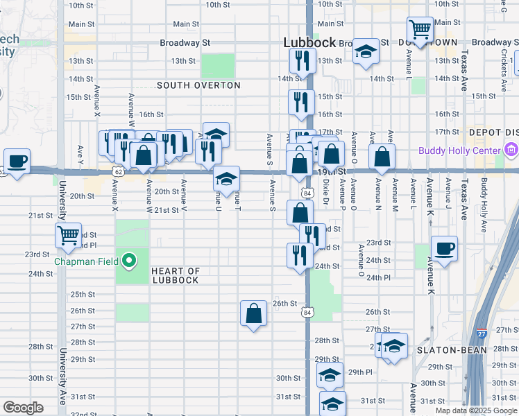 map of restaurants, bars, coffee shops, grocery stores, and more near 1916 21st Street in Lubbock