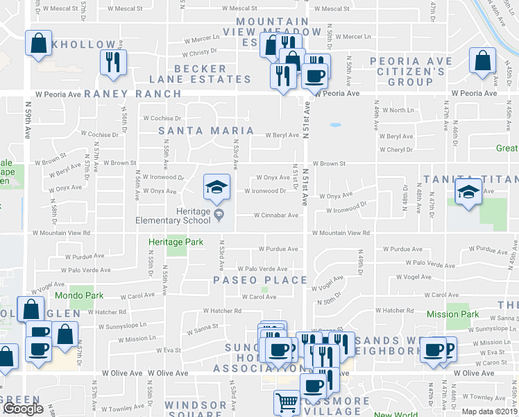 map of restaurants, bars, coffee shops, grocery stores, and more near 5220 West Cinnabar Avenue in Glendale