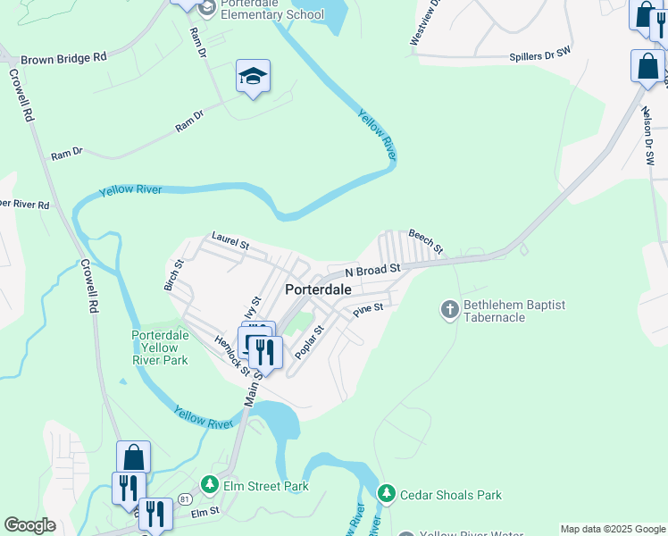 map of restaurants, bars, coffee shops, grocery stores, and more near 39 North Broad Street in Porterdale