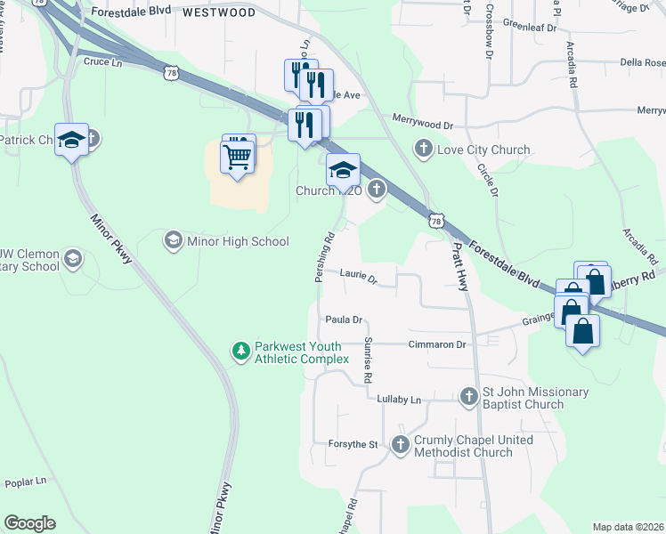 map of restaurants, bars, coffee shops, grocery stores, and more near 444 Laurie Drive in Birmingham