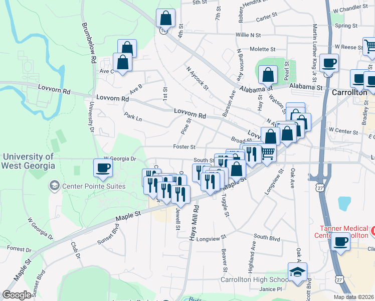 map of restaurants, bars, coffee shops, grocery stores, and more near 216 Foster Street in Carrollton