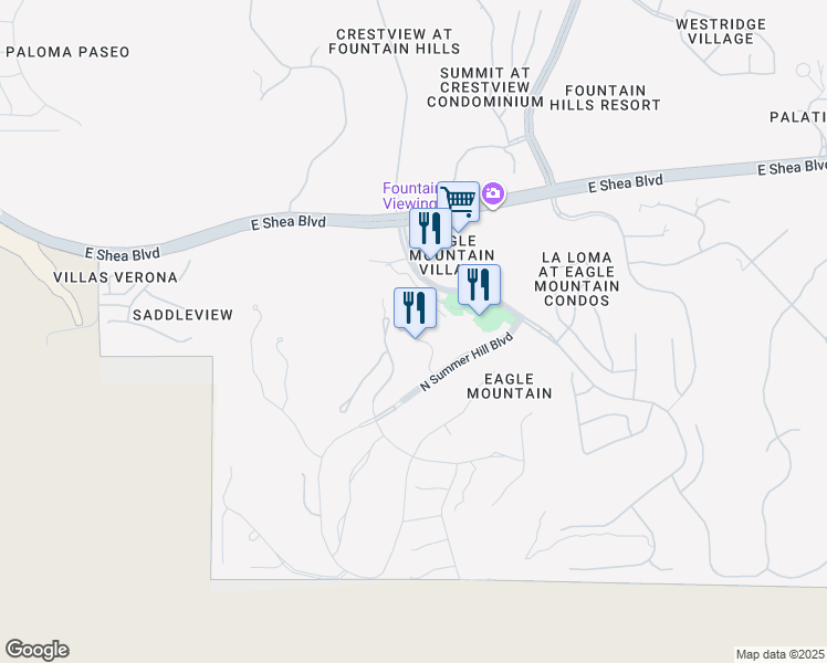 map of restaurants, bars, coffee shops, grocery stores, and more near 9800 North Summer Hill Boulevard in Fountain Hills