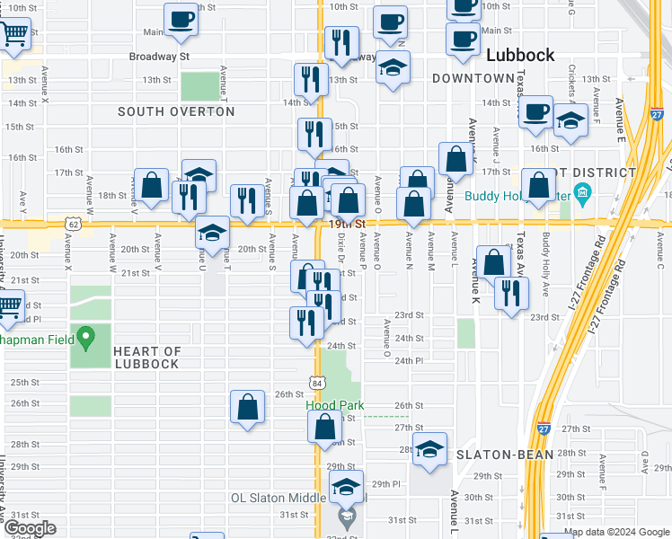 map of restaurants, bars, coffee shops, grocery stores, and more near 1624 21st Street in Lubbock