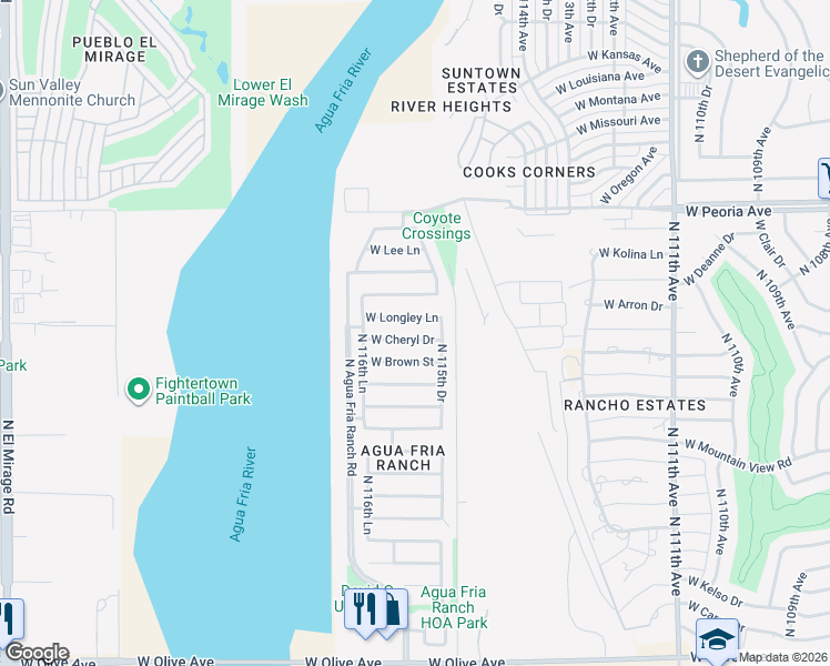 map of restaurants, bars, coffee shops, grocery stores, and more near 11572 West Cheryl Drive in Youngtown