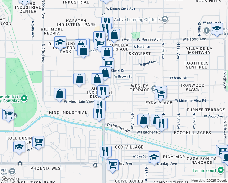 map of restaurants, bars, coffee shops, grocery stores, and more near 9834 North 18th Avenue in Phoenix