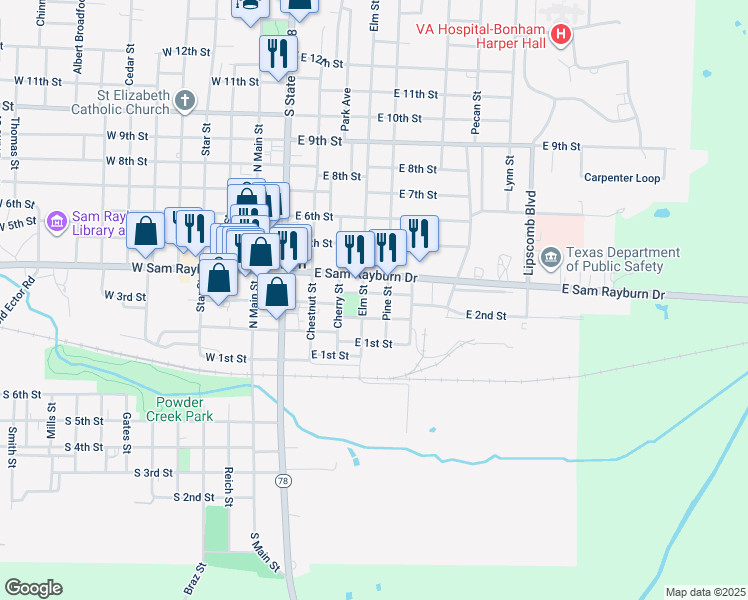 map of restaurants, bars, coffee shops, grocery stores, and more near 514 E 3rd St in Bonham