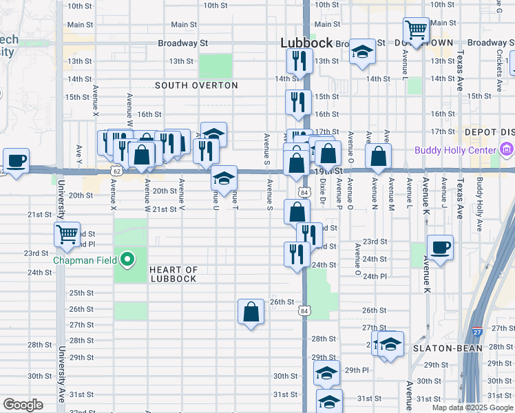 map of restaurants, bars, coffee shops, grocery stores, and more near 1916 21st Street in Lubbock