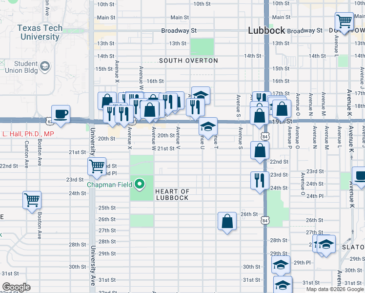 map of restaurants, bars, coffee shops, grocery stores, and more near 2114 21st Street in Lubbock